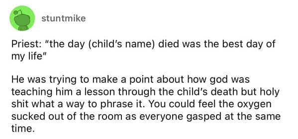 Reddit post recounting a priest's shockingly phrased comment during a child's funeral service.