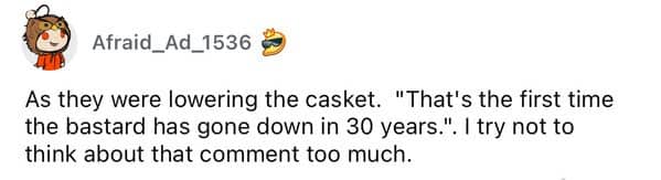 Short text post sharing a dark joke made while lowering a casket at a burial.