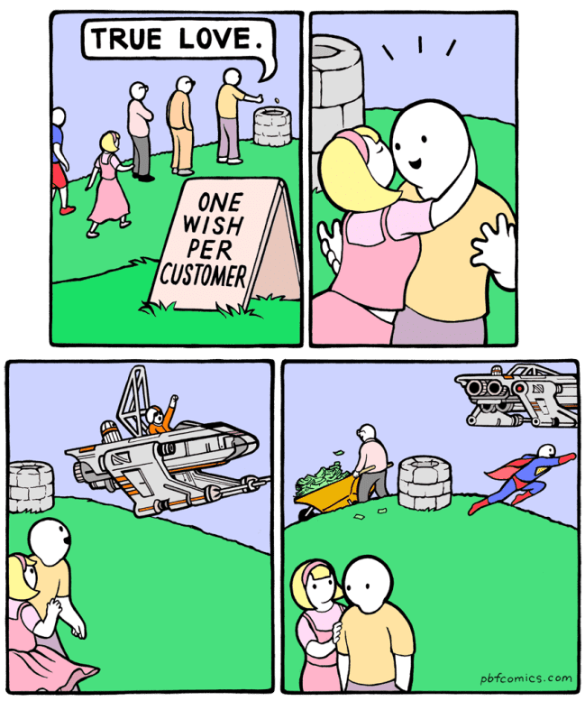 A funny PBF comic showing a smug couple choosing each other over a wishing well, only to watch in deep regret as other people fly away with spaceships, superpowers, and wheelbarrows full of cash.