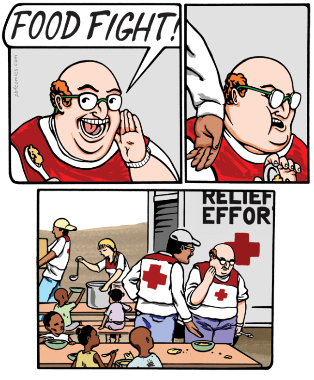 A dark humor comic depicting a man excitedly yelling food fight before quickly realizing he is at a humanitarian relief effort feeding starving children.