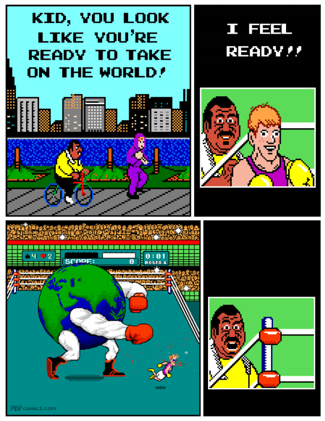 A retro 8-bit video game dark humor comic where a coach tells a young boxer he is ready to take on the world, resulting in the kid getting brutally punched in the face by a literal globe inside the ring.