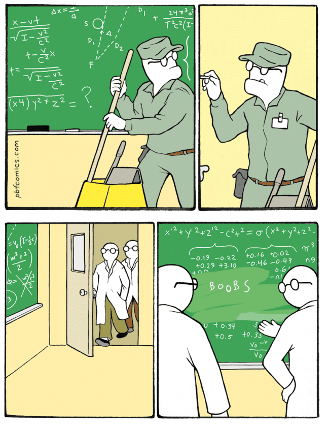 A Good Will Hunting parody in a dark humor comic where a sneaky janitor secretly adds to a complex chalkboard equation, leaving brilliant scientists staring in awe at the word boobs.