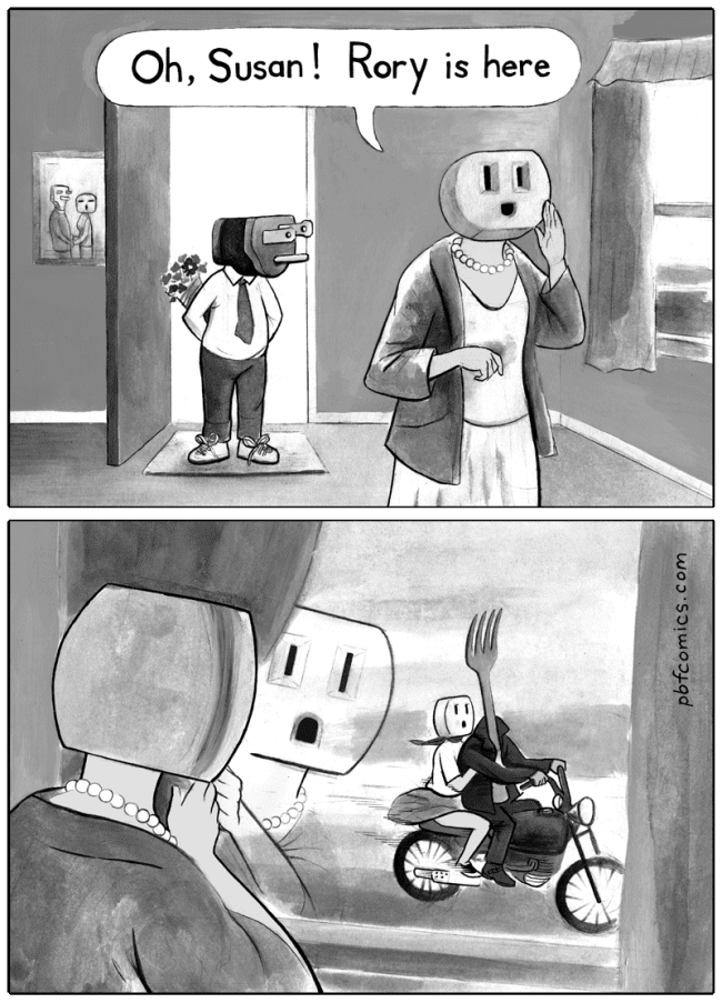A brilliant dark humor comic showing a female electrical outlet safely greeting a nice plug suitor at her door, while secretly pining over a dangerous bad-boy metal fork riding a motorcycle outside.