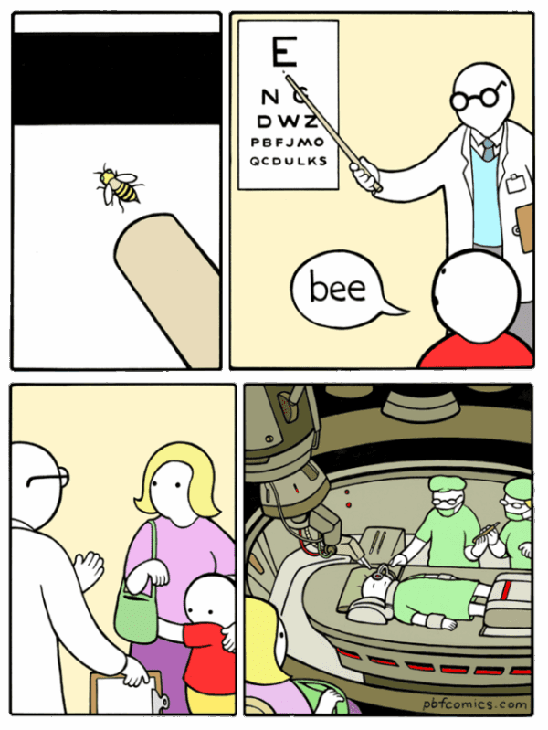 An absurd dark humor comic where a child misidentifies the letter E on an eye chart as a bee, resulting in doctors immediately sending the perfectly healthy kid into a massive, terrifying brain surgery machine.