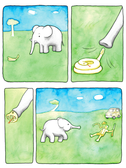 A classic dark humor comic showing an innocent-looking elephant using its trunk to maliciously shake a rattlesnake's tail, deliberately baiting the angry snake into biting a nearby safari hunter directly in the face.