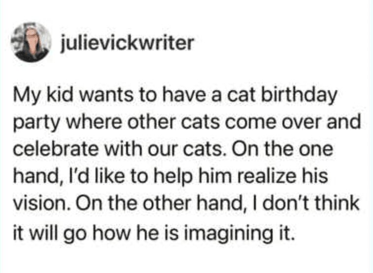 funny pet meme about a parent wrestling with their child's request to host a birthday party where other cats come over to celebrate, knowing the absolute chaos that feline gathering would bring.