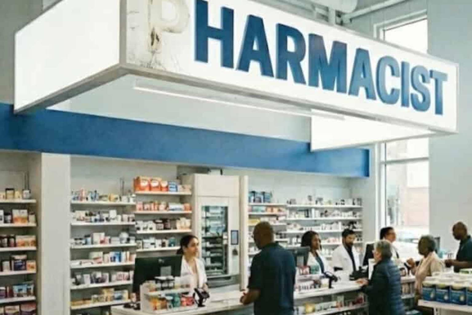 A pharmacy memes dump featuring a tweet about giving unclaimed meds a "viking funeral," an observation about a pet named "Meatball Williams" receiving Zoloft, and a broken neon sign that accidentally rebrands a pharmacy as a "HARMACIST."