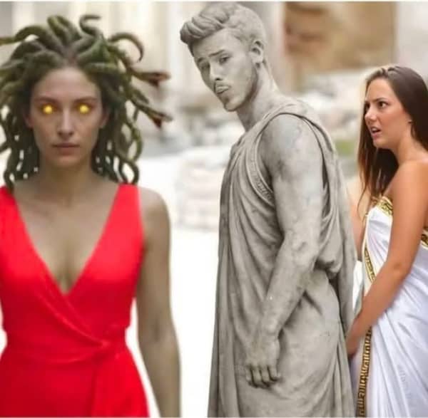 Meme edit of the distracted boyfriend photo featuring Medusa and a man turned into stone.