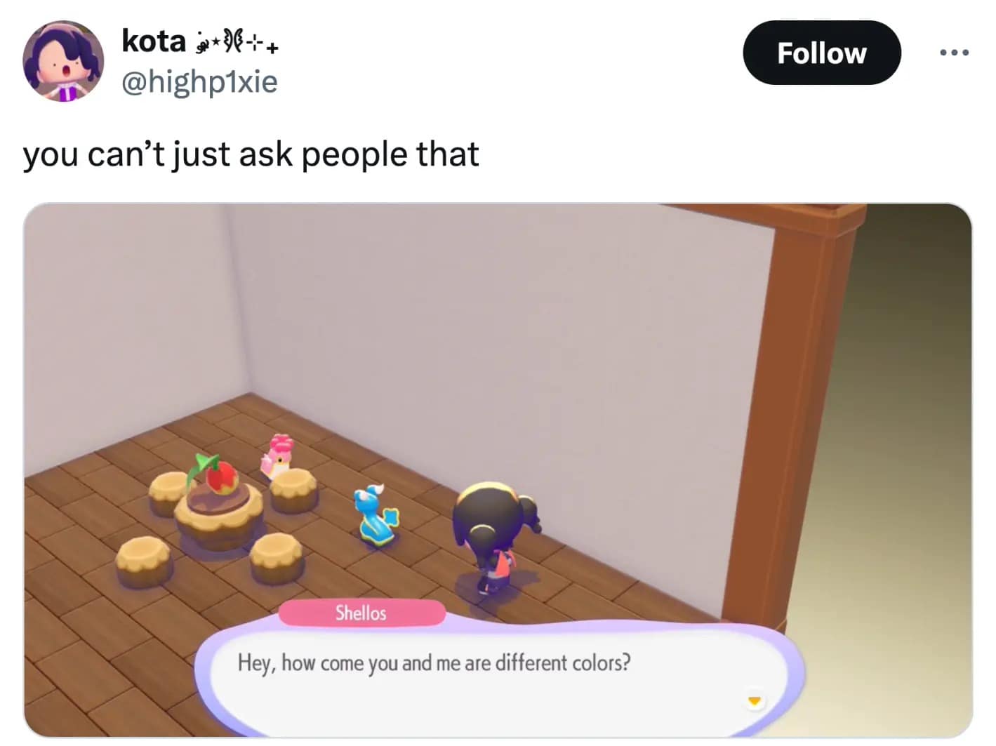 gameplay capture shows a trainer following a Slowpoke through a flowery garden. The accompanying tweet points out the hilarity of the game including a tedious escort mission for one of the slowest creatures in existence, making it a standout Pokopia meme.