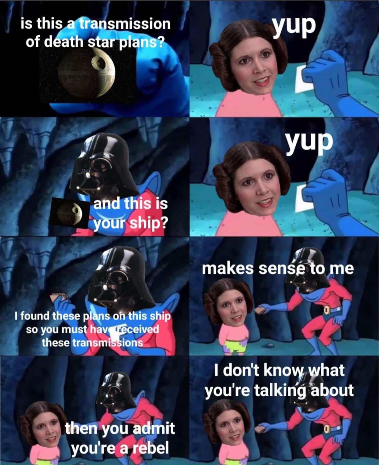 Spongebob meme template with Leia and Darth Vader arguing over the stolen Death Star plans.