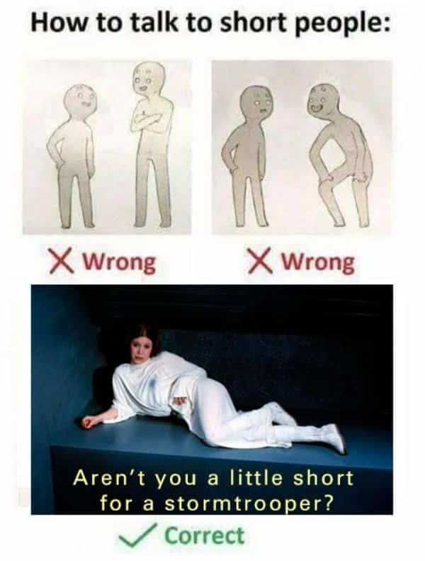 Instructional diagram on talking to short people ending with Leia’s short for a stormtrooper line.