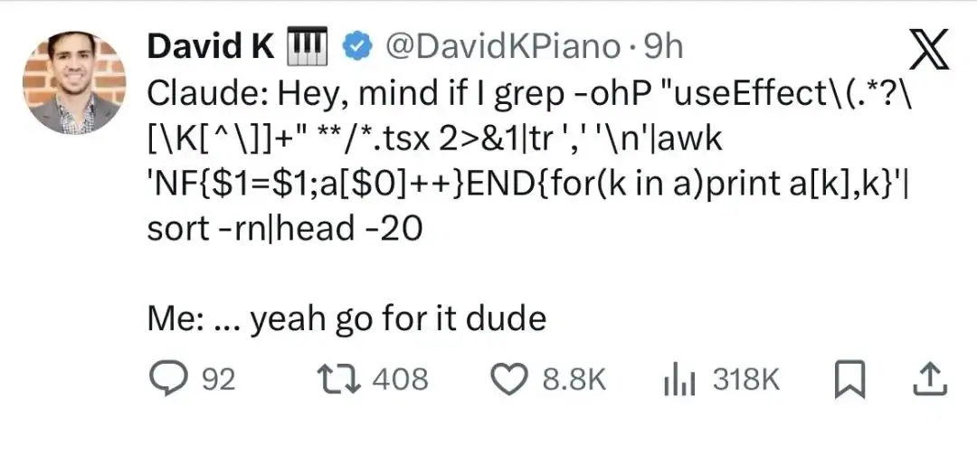 Funny tweet about an AI coding assistant casually generating an incomprehensible grep command while the developer just helplessly agrees to run it.