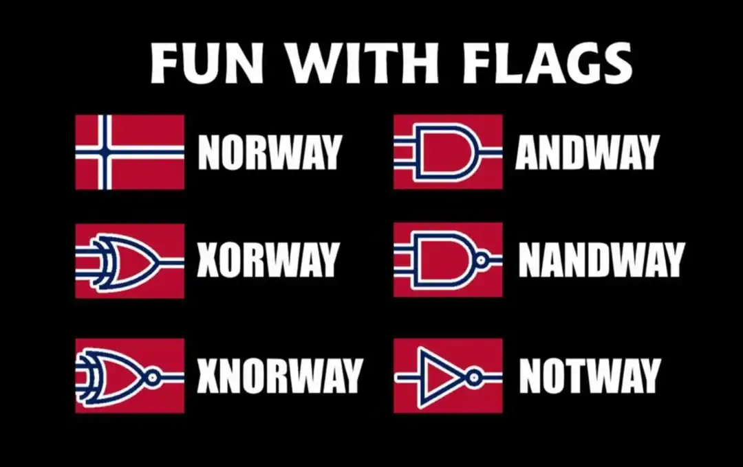 A clever programmer meme replacing the cross on the flag of Norway with various logic gates to create puns like XORWAY and NANDWAY.