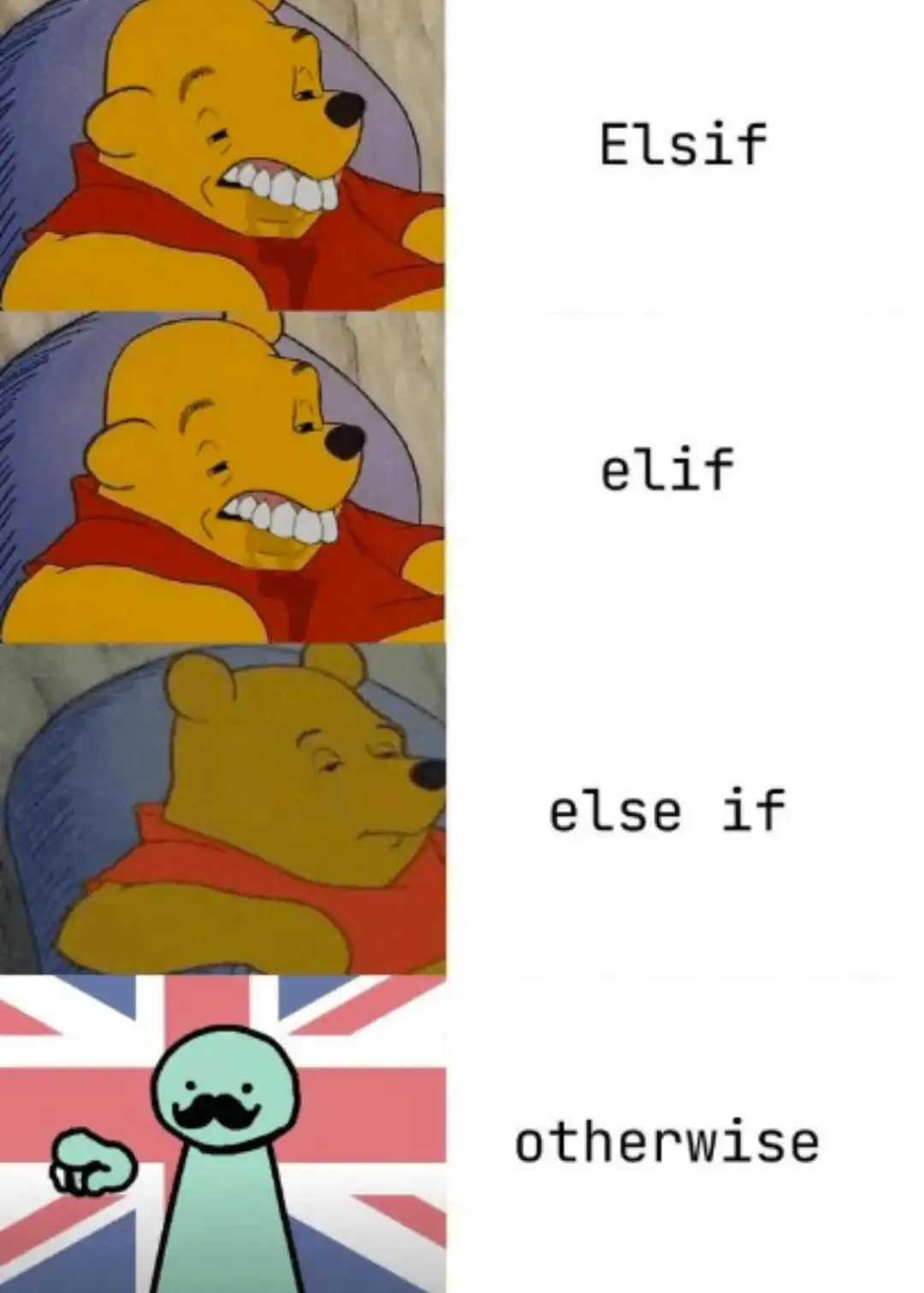 Winnie the Pooh programming meme comparing the syntax of conditional statements like elif and else if while praising the fancy term otherwise.
