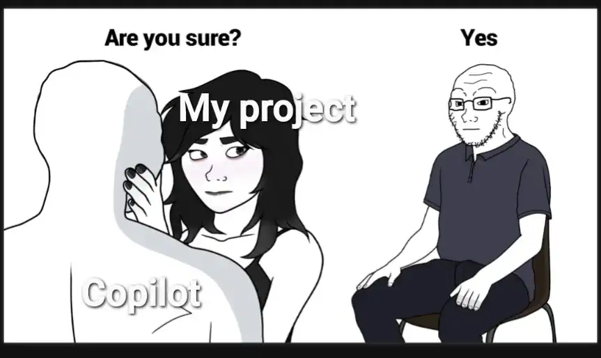 Wojak style programmer meme showing a developer helplessly watching from a chair while an AI coding assistant completely takes over and romances their personal project.