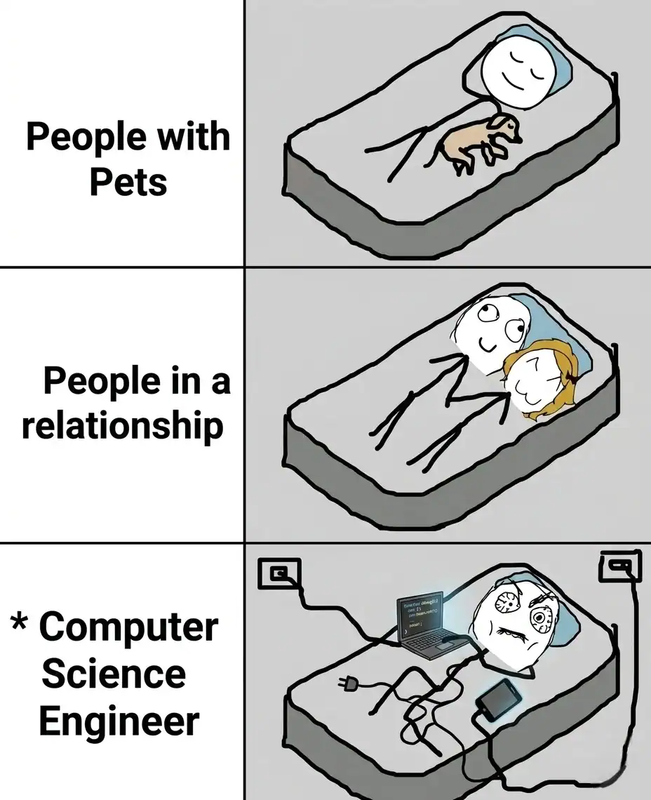 three-panel comic comparing sleeping habits. While "People with Pets" and "People in a relationship" sleep peacefully, the "Computer Science Engineer" lies wide-eyed in a dark room tangled in charging cables, staring manically at a blue-lit laptop.