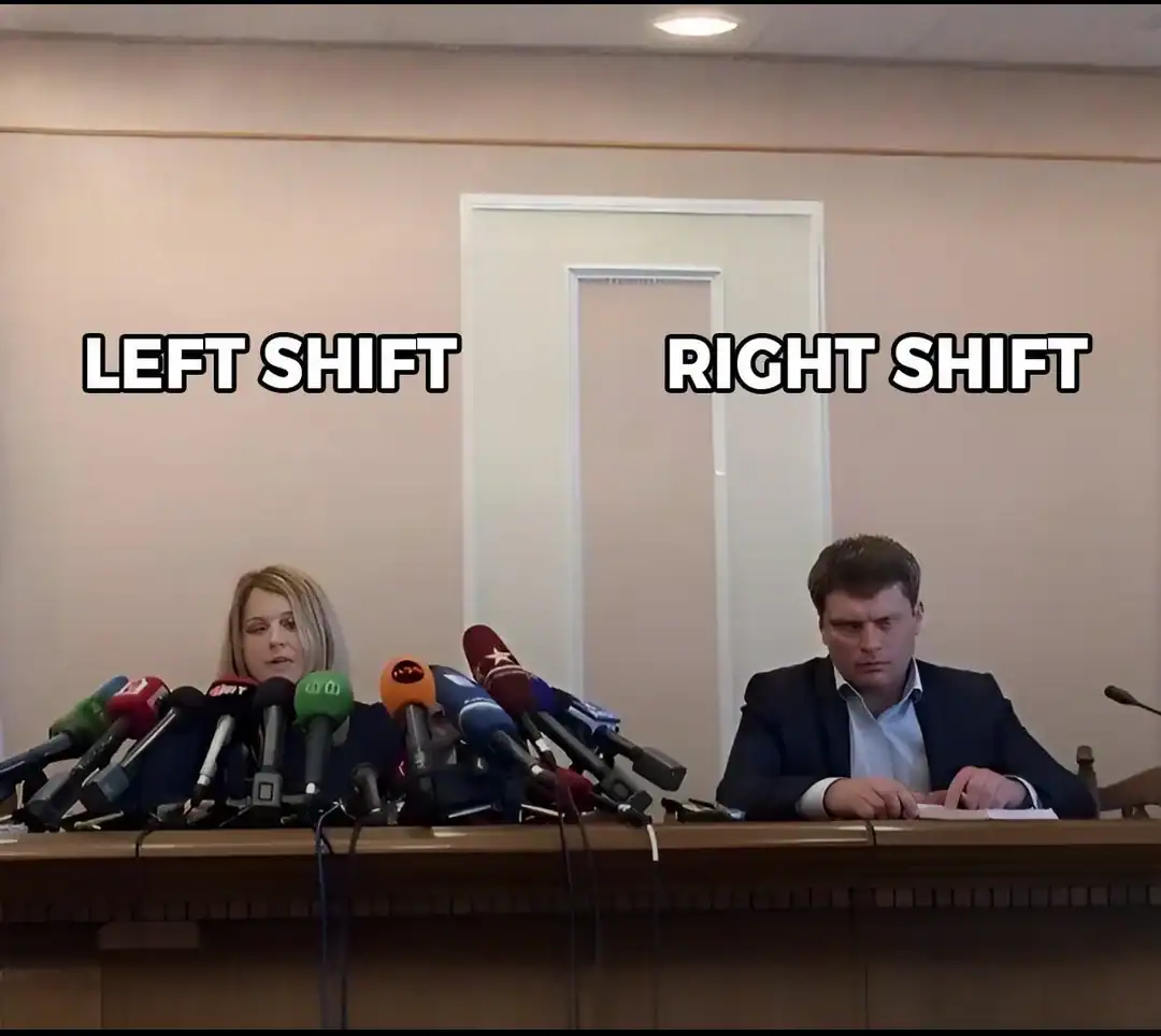 funny programming meme showing a press conference setup to illustrate keyboard usage. A woman labeled "LEFT SHIFT" is surrounded by dozens of microphones, while a man labeled "RIGHT SHIFT" sits beside her with only a single microphone.