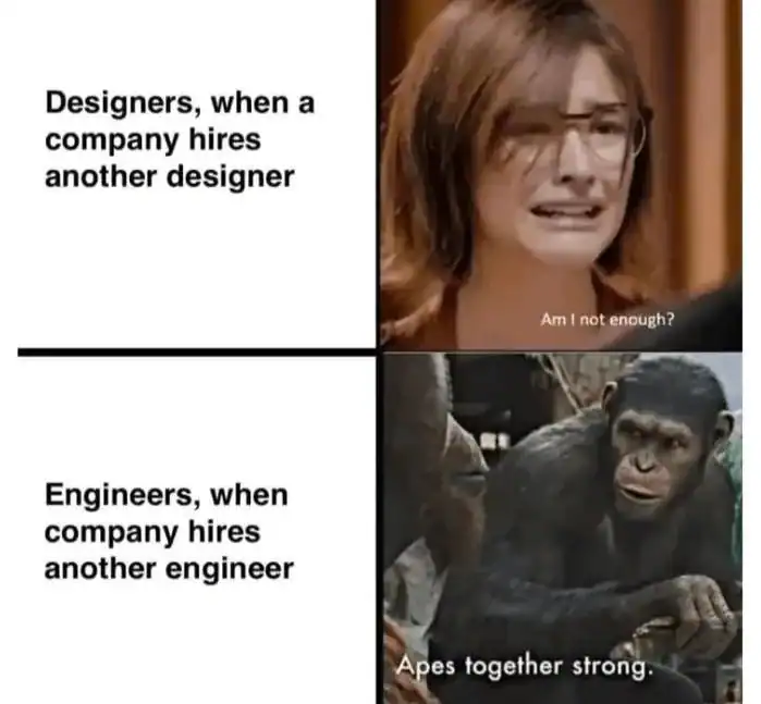 A comparative programming meme about office culture. The top shows a crying designer feeling replaced, while the bottom shows a chimpanzee from Planet of the Apes labeled "Engineers, when company hires another engineer" with the caption "Apes together strong."