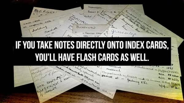 A pile of handwritten notes with text suggesting using index cards to create instant study flashcards.