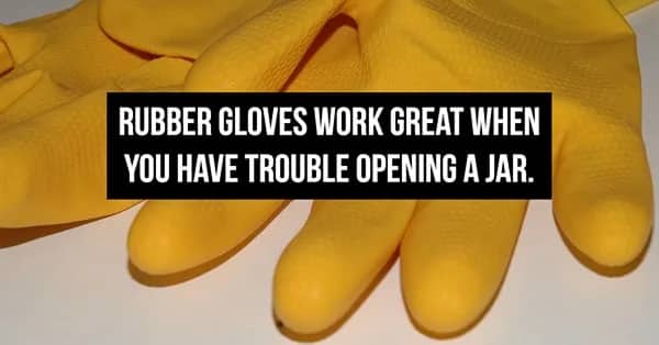 Yellow rubber gloves with text explaining how they provide extra grip for opening stubborn jars.