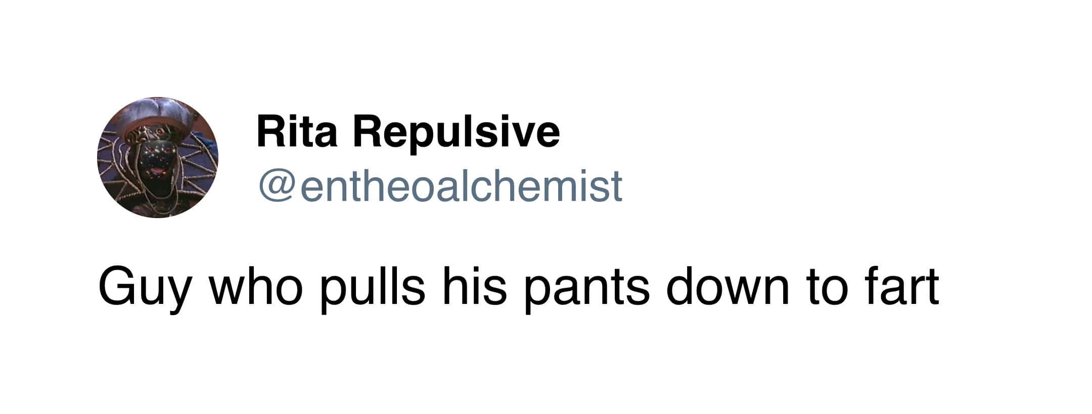 A short, absurd text tweet about a guy who pulls his pants down to fart.