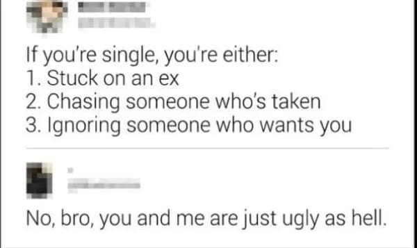 A relatable meme that subverts common dating advice. The top text lists three psychological reasons why someone might be single, while the bottom reply delivers a harsh reality check: "No, bro, you and me are just ugly as hell."