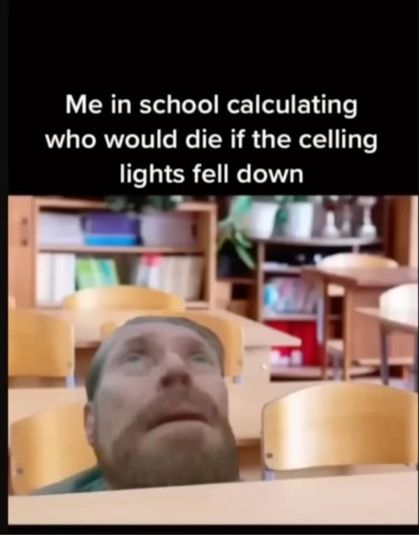 This relatable meme uses the "Willem Dafoe looking up in horror" format to describe a universal student experience: "Me in school calculating who would die if the ceiling lights fell down."
