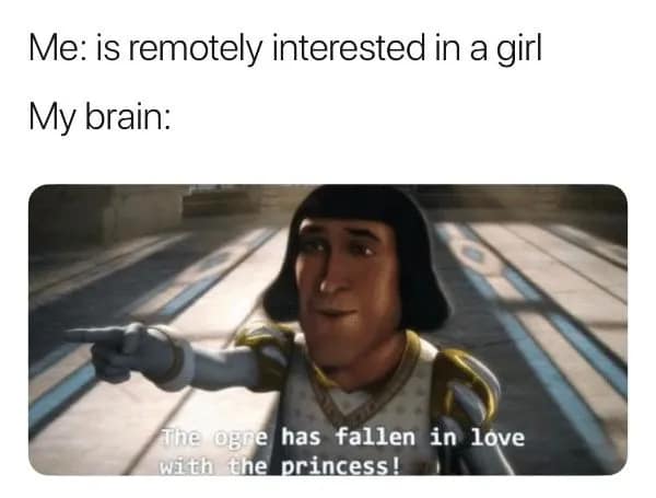 self-deprecating relatable meme using a screen grab of Lord Farquaad from Shrek pointing and mocking. The text reads: "Me: is remotely interested in a girl. My brain: 'The ogre has fallen in love with the princess!'"