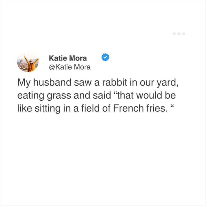 A whimsical relatable meme tweet from Katie Mora about her husband’s food-centric world view. After seeing a rabbit eating grass in their yard, he observes that for the rabbit, it must feel like "sitting in a field of French fries."