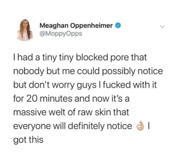 A relatable meme about the hazards of skin-picking, featuring a tweet from Meaghan Oppenheimer describing how she turned a "tiny tiny blocked pore" into a "massive welt of raw skin" after 20 minutes of messing with it, adding a sarcastic "I got this."
