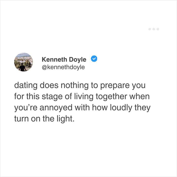 sharp relatable meme from Kenneth Doyle about the "roommate phase" of a long-term relationship. The text notes that dating doesn't prepare you for the stage of living together where you get genuinely irritated by the "volume" of your partner turning on a light switch.