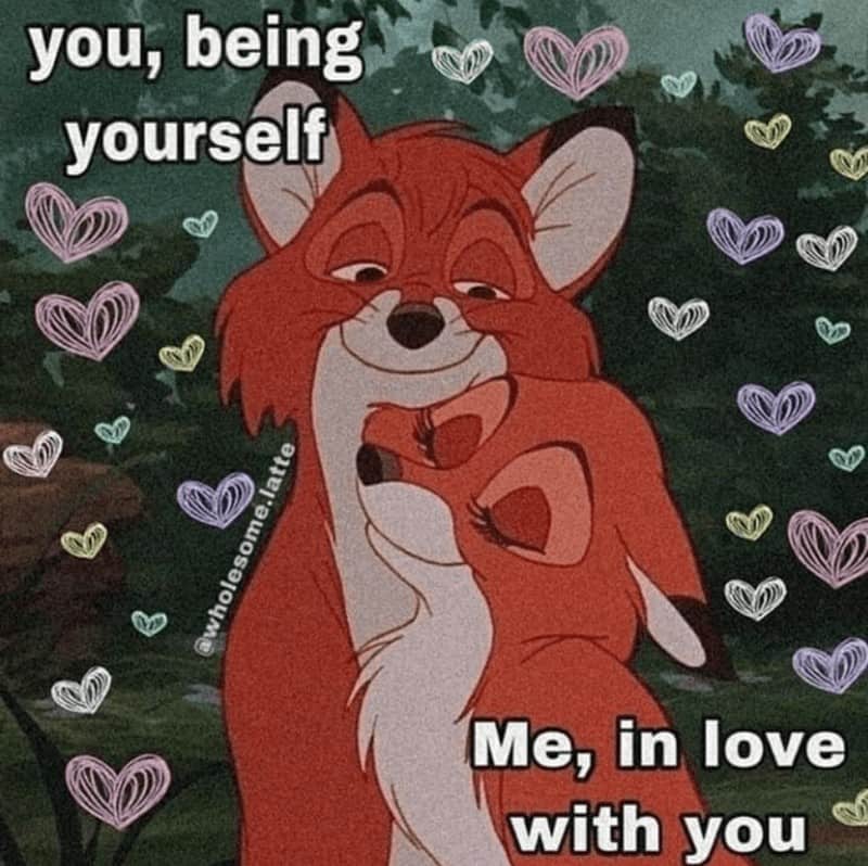 sweet relationship meme using a still from Disney’s The Fox and the Hound. It shows Tod and Vixey cuddling affectionately. The text labels Tod as "you, being yourself" and Vixey as "Me, in love with you," surrounded by sketched neon hearts.