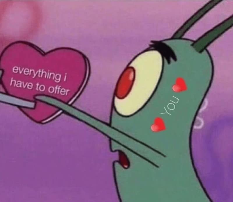relationship meme featuring Plankton from SpongeBob SquarePants. He has red hearts on his cheeks and looks completely smitten while holding up a large pink heart. The text on the heart says "everything i have to offer," pointing toward a label that says "You."