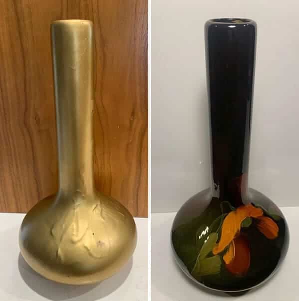 A vase painted with matte gold spray paint restored to show original dark floral glass.