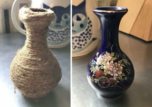 Small vase wrapped in rough twine restored to reveal a delicate blue porcelain floral design.