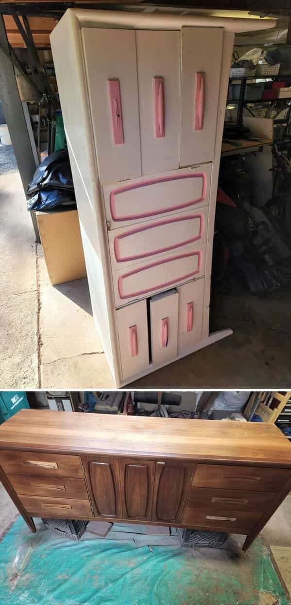 A white and pink painted tallboy dresser restored to a sleek horizontal grain walnut finish.