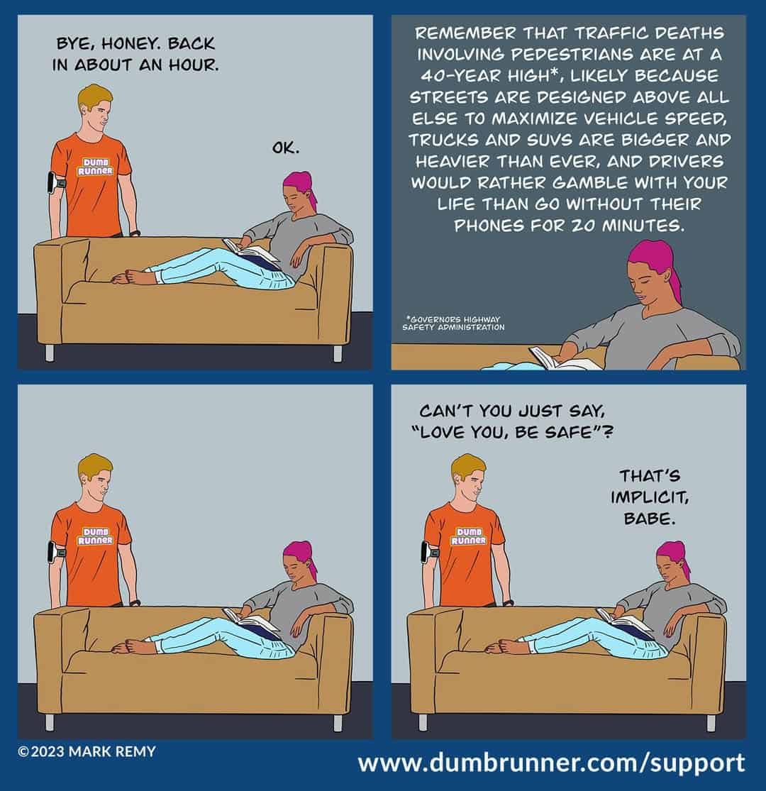 Comic strip illustrating a runner's blunt safety statistics conversation with their partner before heading out.