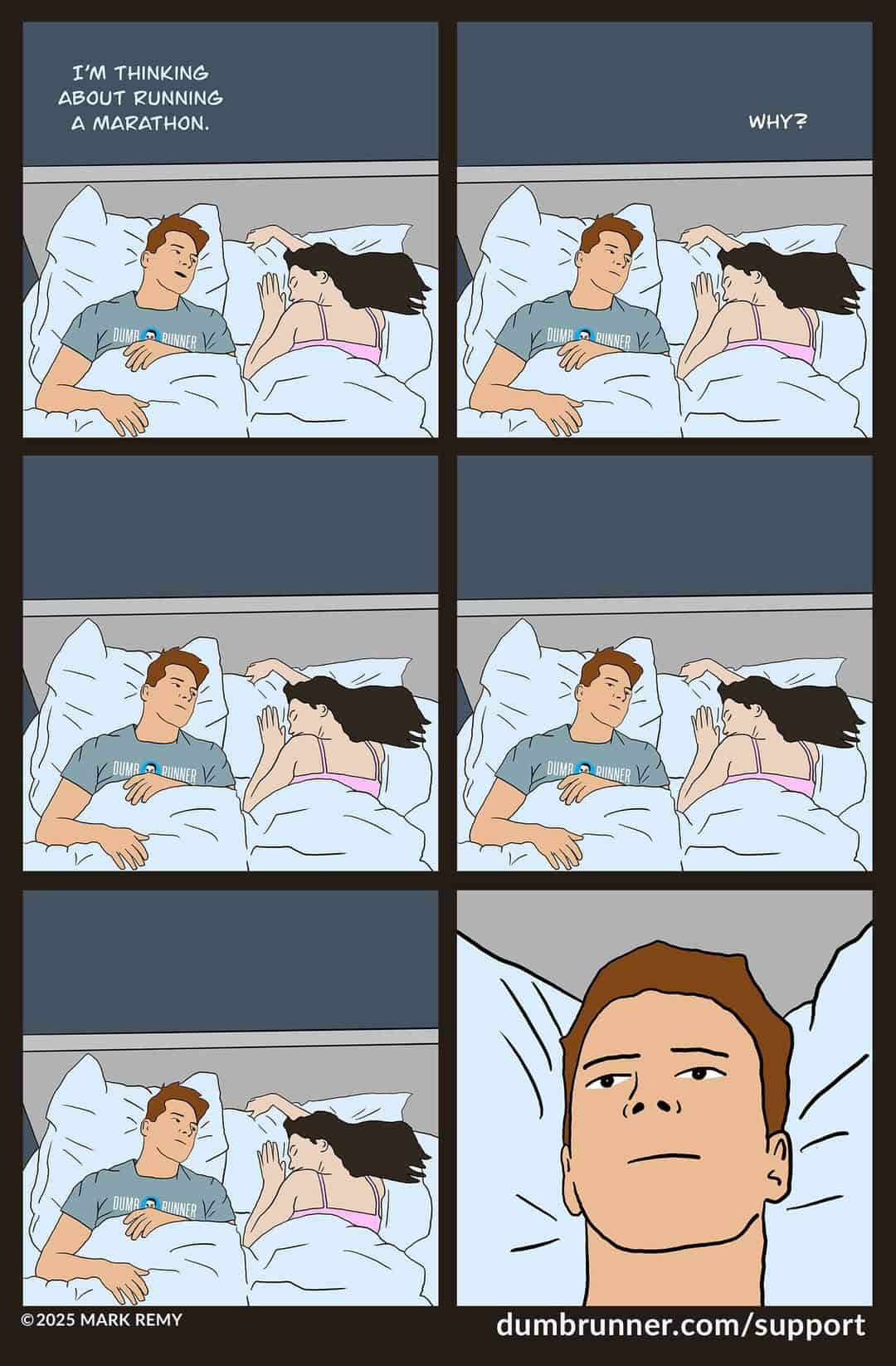 Six-panel comic showing a man lying awake in bed contemplating the existential why of running marathons.