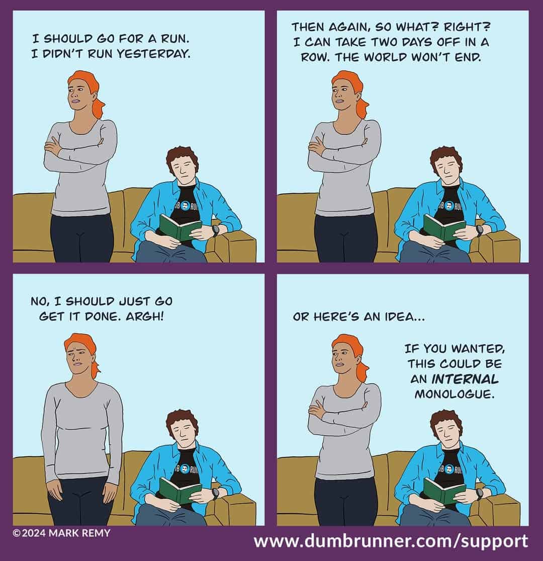 Comic strip about a woman's loud internal monologue debating whether to run or take a day off.
