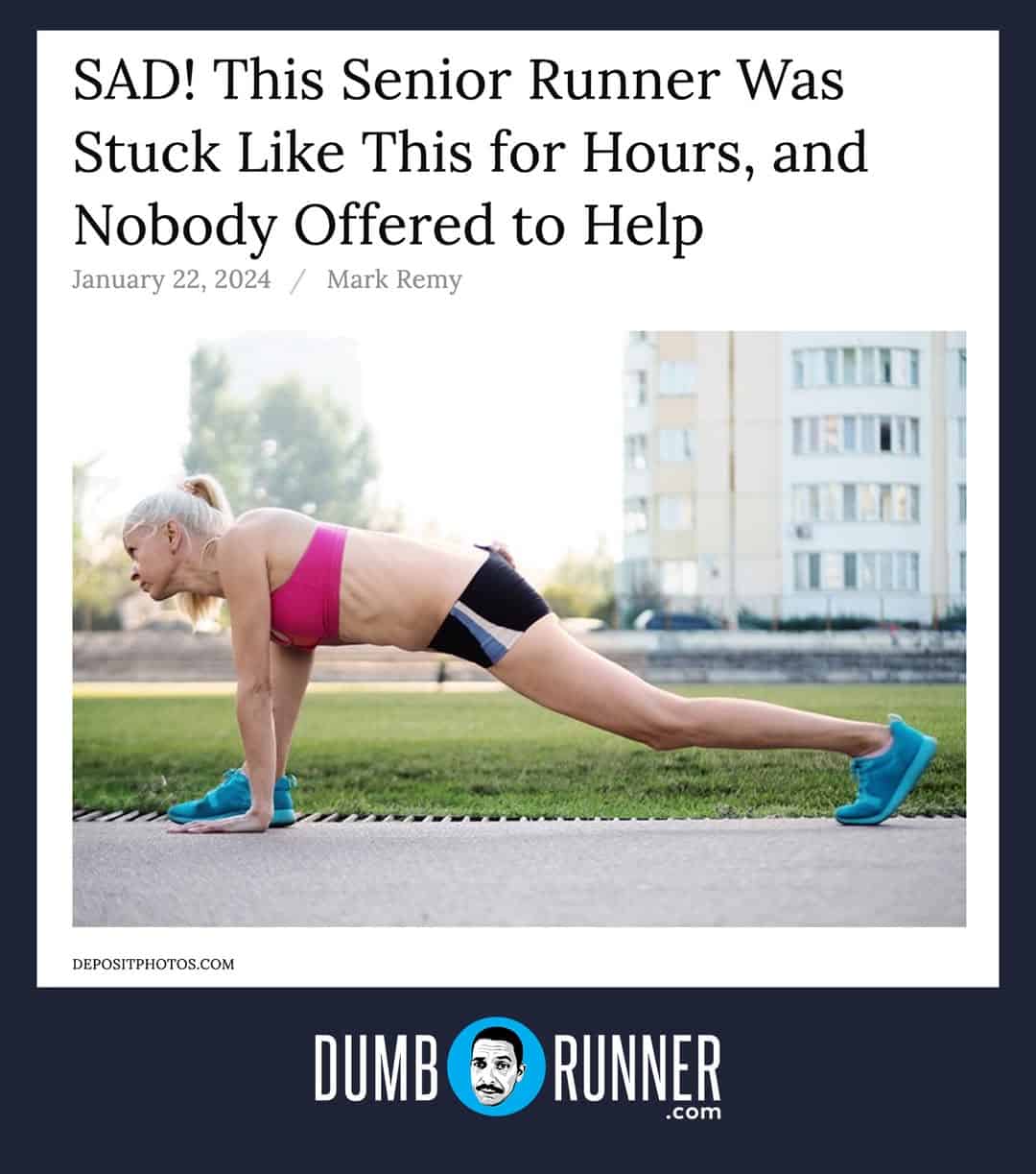 Mock news headline about a senior runner stuck in a stretching pose for hours without assistance.