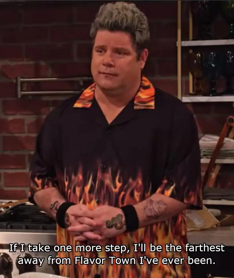 Sean Astin dressed as Guy Fieri with a caption about being far away from Flavor Town.