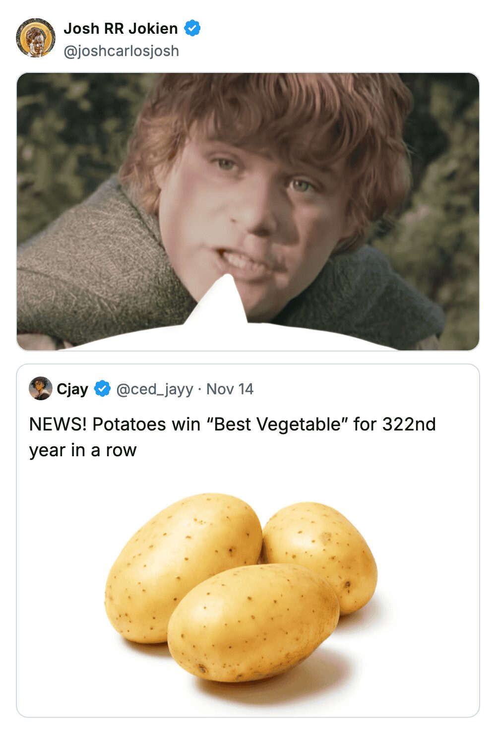 A split meme showing Samwise reacting with pride to news that potatoes won best vegetable.