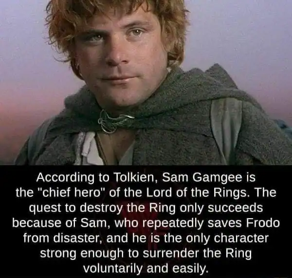 Samwise Gamgee looking noble with text explaining why Tolkien considered him the story’s chief hero.
