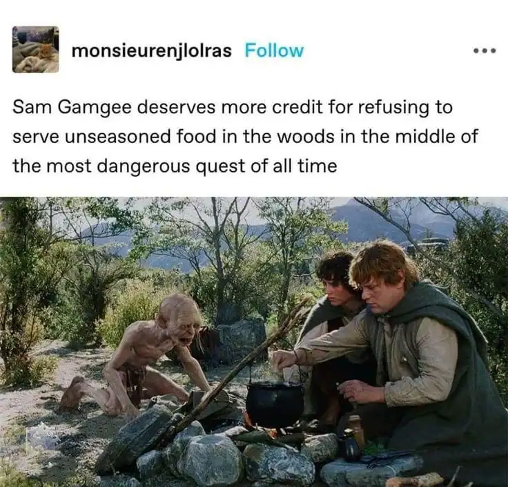 Samwise and Frodo cooking over a campfire while Gollum watches, praising Sam’s commitment to seasoning.