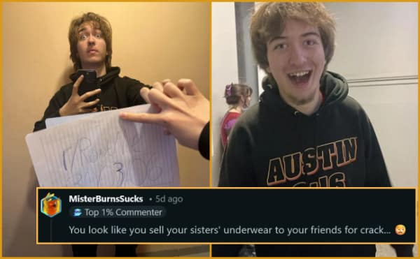 A highly unhinged savage roast on r/roastme featuring a guy in an Austin, Texas hoodie looking wild-eyed, hit with a brutal comment accusing him of looking like the type of guy who sells his sister's underwear to friends for crack.