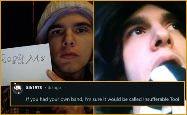 A brutal savage roast on r/roastme featuring a pale guy with dark hair, destroyed by a commenter stating that if he had a band, it would definitely be called Insufferable Tool.