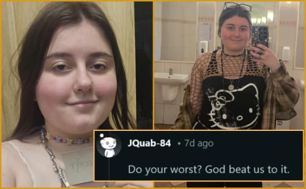 savage roast from r/roastme showing a girl in a Hello Kitty shirt asking commenters to do their worst, only to be met with the devastating reply that God already beat them to it.