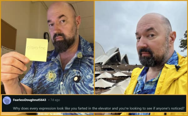 A hilarious savage roast on r/roastme featuring a bald, bearded man, hit with a hyper-specific comment asking why his expression always looks like he just farted in an elevator and is checking if anyone noticed.
