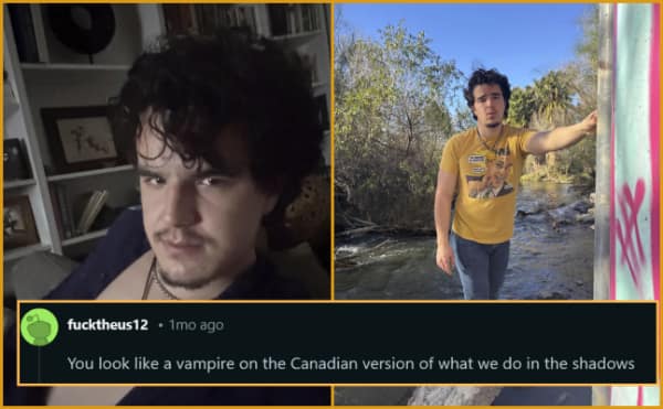 A hyper-specific savage roast on r/roastme targeting a pale, curly-haired guy, hilariously calling him out for looking exactly like a low-budget vampire on the Canadian version of What We Do in the Shadows.