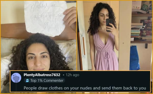 brutal savage roast on r/roastme featuring a woman in a low-cut pink dress, destroyed by a commenter claiming her vibe is so desperate that people actually draw clothes on her nudes and send them back to her.